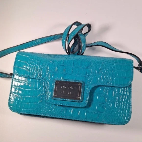 Nicole Miller Turquoise Croc-Embossed Satchel – Vibrant Teal Handbag - Picture 8 of 8